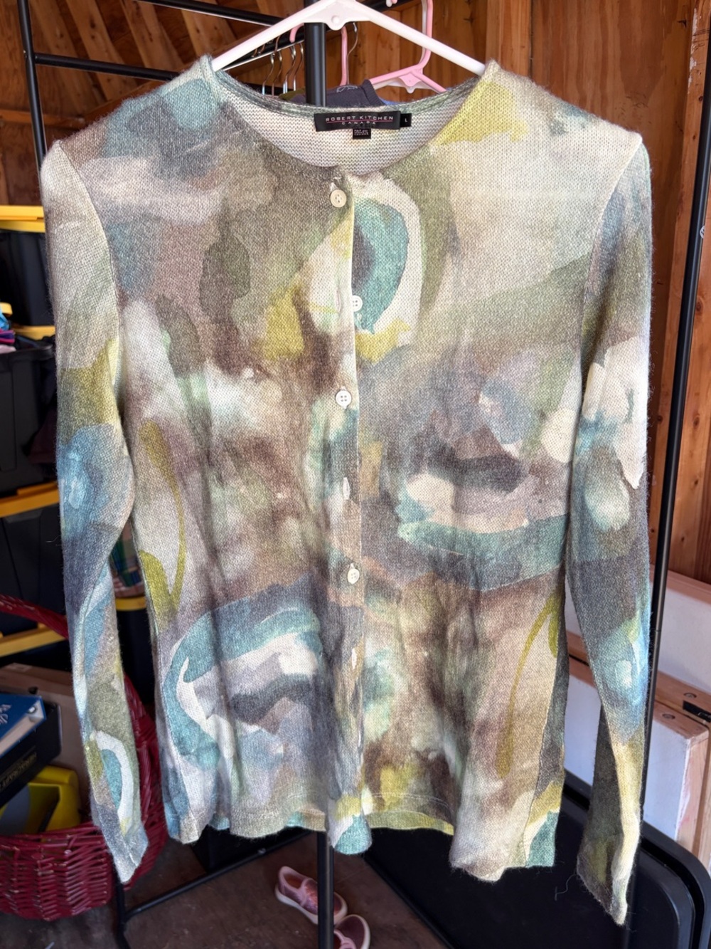 Robert Kitchen Canada Sweater Cardigan in Blues and Greens Abstract Knit